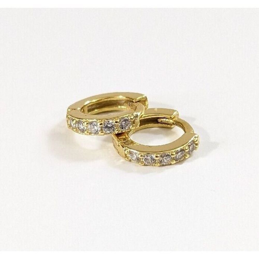 Small White CZ Stone 925 Sterling Silver With Gold Tone Finish Huggies Earrings
